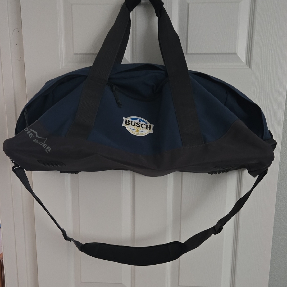 Eddie Bauer Blue and Black Duffel Bag/Busch Beer Logo
